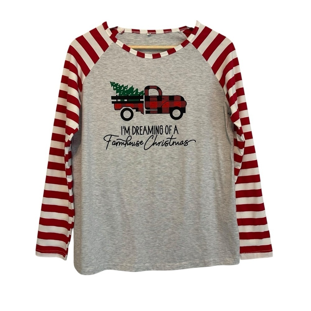 NEW Women's Medium Dreaming Farmhouse Christmas Striped Ragland Holiday T-Shirt